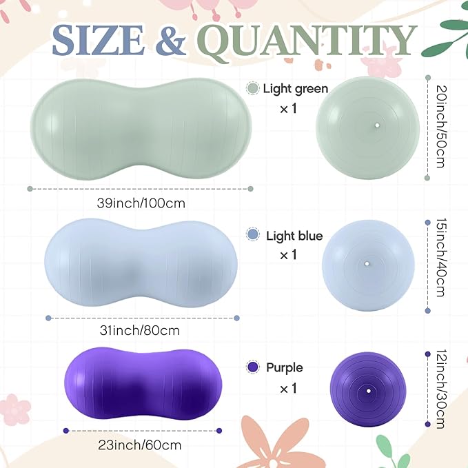 Jexine Peanut Ball for Kids Therapy - 3-Piece Anti-Burst Set, Yoga Balance Exercise Ball for Pregnancy & Home Gym, Includes 1 Pump & 3 Size Options