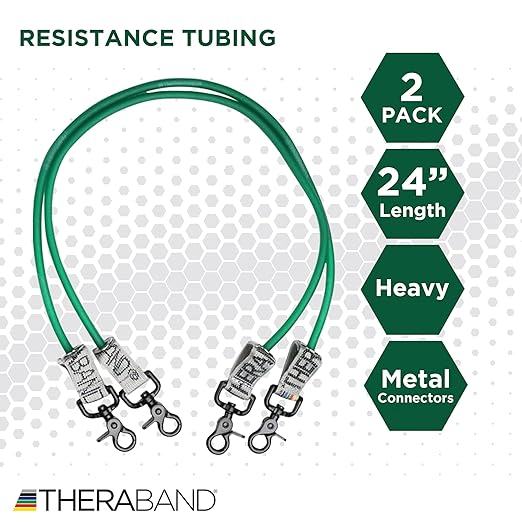 THERABAND Wellness Station Professional Latex Resistance Tubing With Connectors for Physical Therapy, Exercise Station for Rehab, Lower Pilates, Set of 2, 24 Inch, Green, Heavy, Level 4