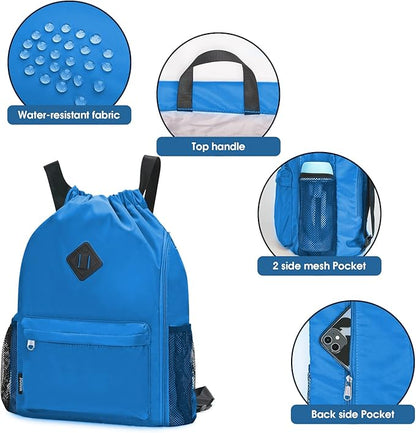 WANDF Drawstring Backpack Sports Gym Bag with Shoes Compartment, Water-Resistant String Backpack Cinch for Women Men(Large,Dark blue)