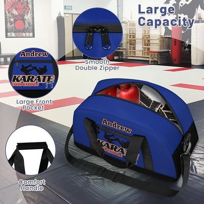 Custom Name Taekwondo Karate Duffle Bag for kids Boy Girls - Personalized Martial Arts Gear Bag, Water-Resistant Sparring Equipment Bag, Karate Navy Black