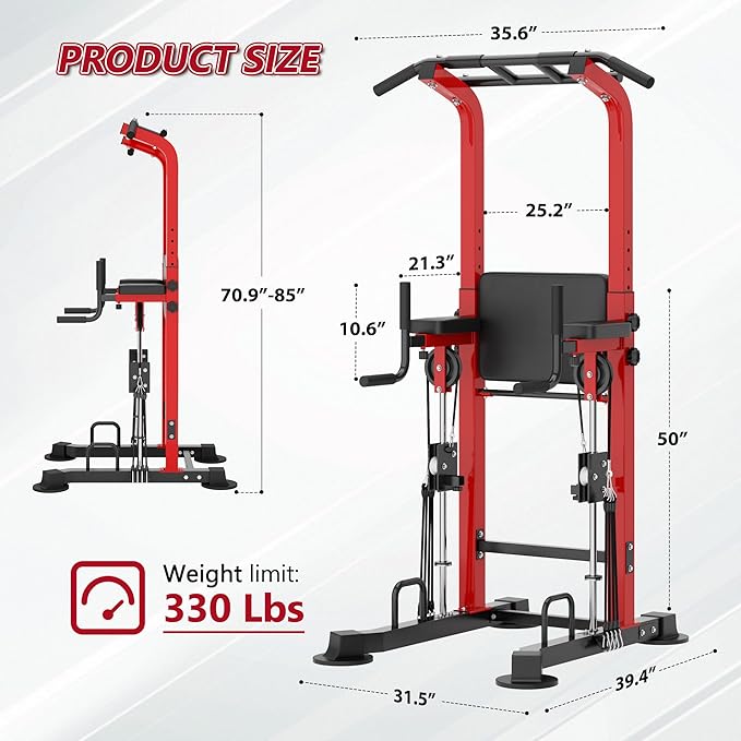 DlandHome Power Tower, Height Adjustable Pull Up Bar Dip Station with Assisted Pad, Multi-Function Home Gym Strength Training Fitness Equipment 330LBS, Red