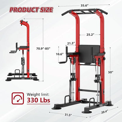 DlandHome Power Tower, Height Adjustable Pull Up Bar Dip Station with Assisted Pad, Multi-Function Home Gym Strength Training Fitness Equipment 330LBS, Red