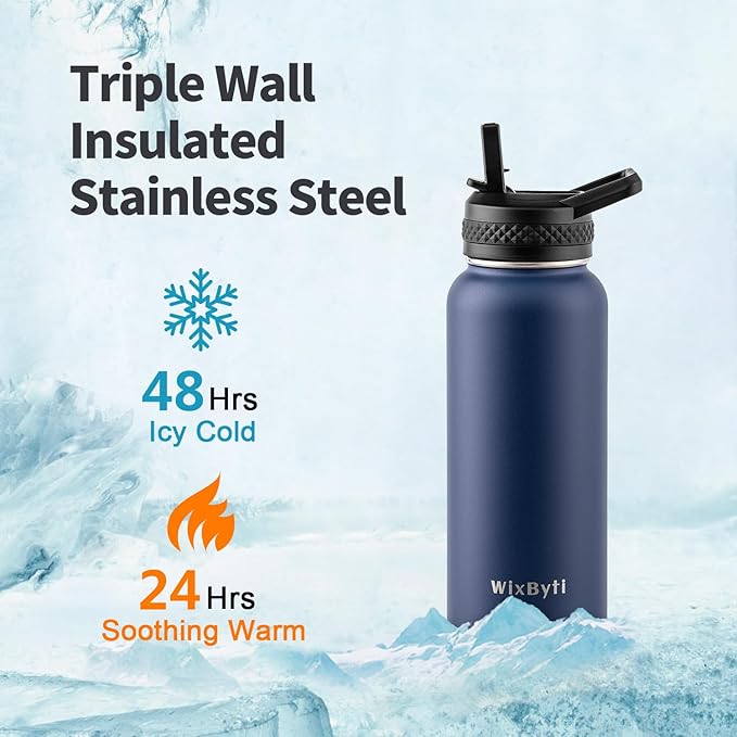 32 oz Insulated Water Bottle with Straw, Stainless Steel Triple Wall Vacuum Sports Water Jug, Leakproof Hydro Cup Flask with Paracord Handle & Straw Spout Lids & DIY Stickers