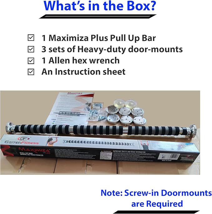 Maximiza Plus Pull Up Bar V2 – Wide Doorway Pullup Bar/Chinup Bar with 3 Sets of Screw-in Door-Mounts – Only for Doors Wider Than 36 Inches (Adjustable Width 36 to 50 Inches)