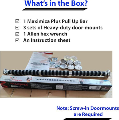 Maximiza Plus Pull Up Bar V2 – Wide Doorway Pullup Bar/Chinup Bar with 3 Sets of Screw-in Door-Mounts – Only for Doors Wider Than 36 Inches (Adjustable Width 36 to 50 Inches)