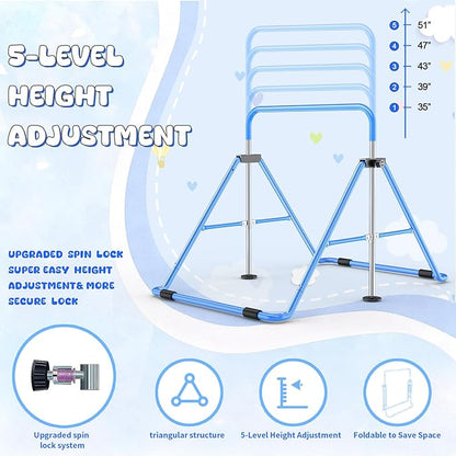 Safly Fun Foldable Gymnastics Bar for Kids, Adjustable 35"-51", Sturdy 145 lbs Capacity, Easy-to-Assemble, Gymnastics Equipment for Kids for Indoor/Outdoor Training