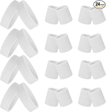 24 Pieces 80s Neon Sweatbands Set, Include 8 Sports Headbands and 16 Sweat Wristbands Elastic Athletic Tennis Sweat Bands Bulk for Man Woman