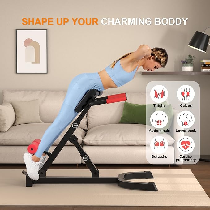Roman Chair,Foldable Back Extension Machine,Adjustable Ab Back Extension Machine,Core Strength Trainer,Back Exercise Machine for Glute,Ab Workouts,Full All-in-One Body Workout&Home Gym Fitness(Red)