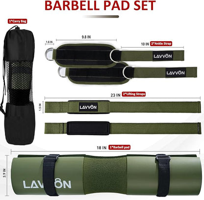 Squat Pad Set - Foam Barbell Pad for Squats Cushion, Lunges & Bar Padding for Hip Thrusts - Standard Olympic Weight Bar Pad - With Ankle Straps, Wrist Straps for Weightlifting