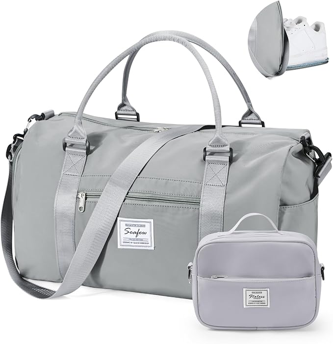 Gym Bag for Women with Shoes Compartment,Small Duffel Bag Sport bag with Toiletry Bag Overnight Travel Tote Bags Weekender Carry on Bag Personal Item Bags for Airlines Grey