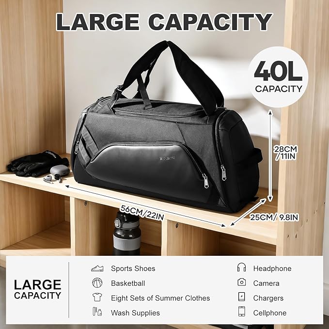 Gym Bag for Men Women, 40L Travel Duffle Sports Duffel Bag Lightweight Gym Weekender Overnight Backpack with Shoe Compartment & Wet Pocket Black