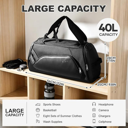 Gym Bag for Men Women, 40L Travel Duffle Sports Duffel Bag Lightweight Gym Weekender Overnight Backpack with Shoe Compartment & Wet Pocket Black