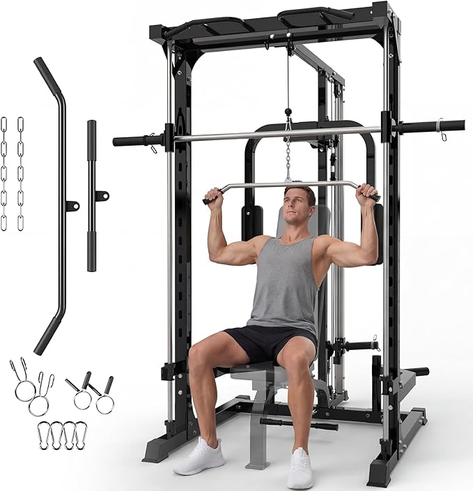 Smith Machine with Bench, Heavy Duty Power Cage Squat Rack with Smith Bar, LAT Pulldown System, Chest Station & More Training Attachment, Home Gym Equipment for Strengthen Training