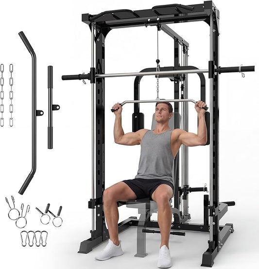 Smith Machine with Bench, Heavy Duty Power Cage Squat Rack with Smith Bar, LAT Pulldown System, Chest Station & More Training Attachment, Home Gym Equipment for Strengthen Training