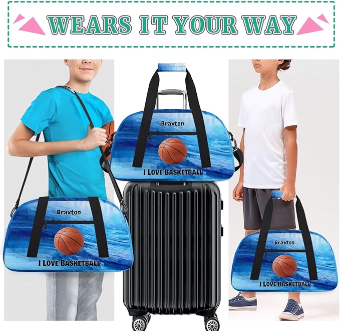 Custom Named Sports Basketball Bag for Boys, Gym Bag Sports Travel Duffle Bag Tote Dance Training Carry On Weekend Sports Bag, Watercolor Blue Geometric with Basketball
