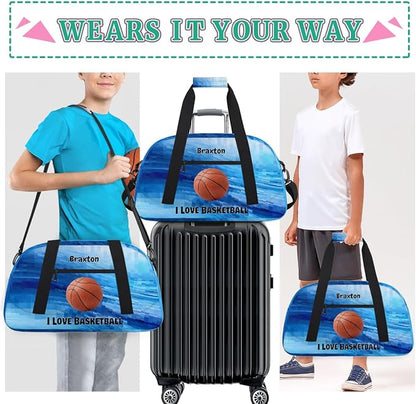 Custom Named Sports Basketball Bag for Boys, Gym Bag Sports Travel Duffle Bag Tote Dance Training Carry On Weekend Sports Bag, Watercolor Blue Geometric with Basketball