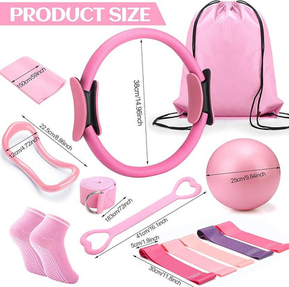 Pilates Ring Circle Set 18 Pcs Exercise Equipment Accessories for Women Workouts Pilates Ball Stretching Strap Magic Circle Yoga Ring Gym Back Bag Resistance Band Anti Slip Socks