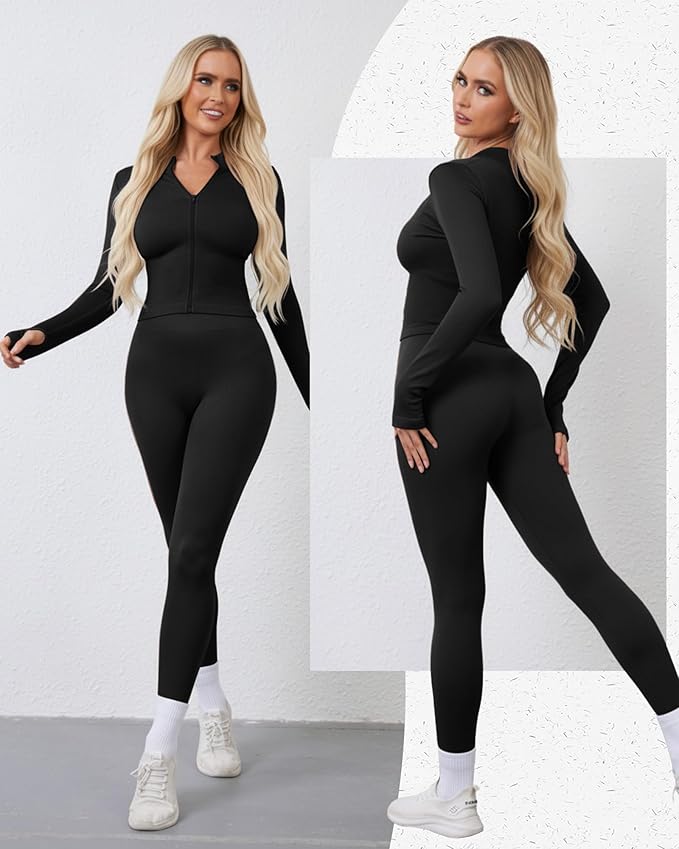 Women 3 Piece Seamless Workout Set Sports Bra High Waisted Gym Yoga Leggings Zip Up Jacket with Thumbhole Activewear