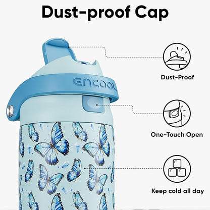 ENCOOL Leakproof Insulated Water Bottle with Straw Dual-Sip Water Bottle Bag-Safe Design for Work, Commute & Gym – Keeps Drinks Cold All Day, 32 oz, Glacier Butterfly