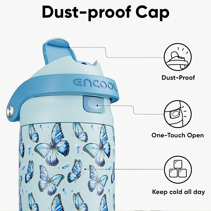 ENCOOL Leakproof Insulated Stainless steel Water Bottle with Straw Dual-Sip Water Bottle Bag-Safe Design for Work, BPA-Free Commute & Gym – Keeps Drinks Cold All Day, 24 oz, Glacier Butterfly