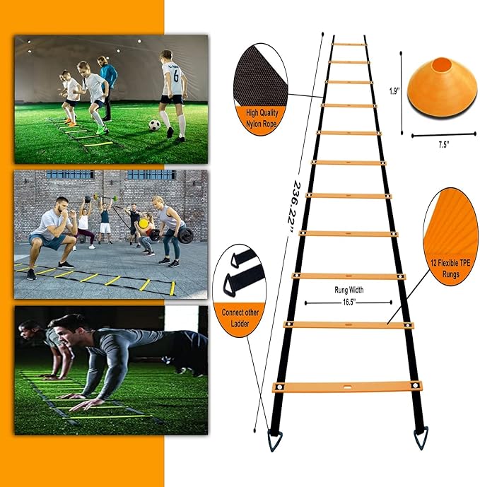 Agility Ladder Set 20ft, 4 Hurdles, 12 Soccer Cones, Jump Rope & Running Parachute - Speed Agility Training Equipment for Soccer Fitness Kids Youth Adults