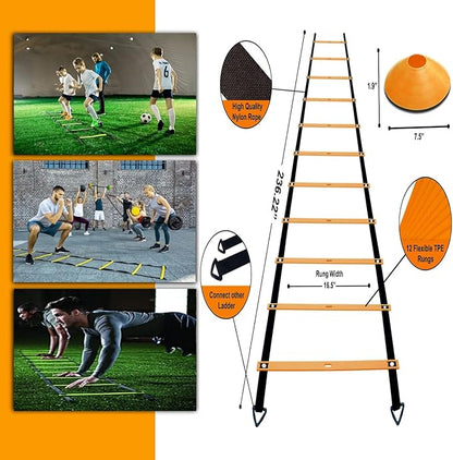 Agility Ladder Set 20ft, 4 Hurdles, 12 Soccer Cones, Jump Rope & Running Parachute - Speed Agility Training Equipment for Soccer Fitness Kids Youth Adults