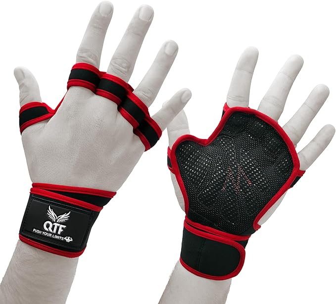 QTF Ventilated Weight Lifting Gloves for Men & Women Workout Gym Fitness Extra Grip with Wrist Support Wrap Cross fit Pull-ups Barbell Training Sports