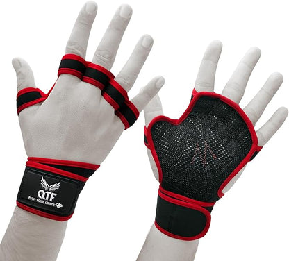 QTF Ventilated Weight Lifting Gloves for Men & Women Workout Gym Fitness Extra Grip with Wrist Support Wrap Cross fit Pull-ups Barbell Training Sports