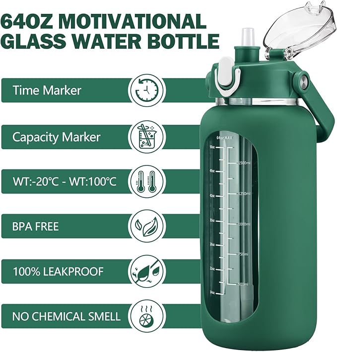 kytffu 64oz Glass Water Bottles with Straw, Half Gallon Motivational Glass Bottle with Silicone Sleeve and Time Marker, 2L Leakproof Large Glass Water Jug for Gym Home Office, Ink Green