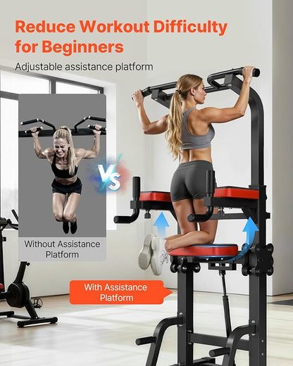 VEVOR Pull Up Bar, 330 LBS Power Tower Dip Station, Workout Dip Station with H-Shaped Stable Base & Assistance Platform, Adjustable 9 Level Height Pullup Stand for Back, 3-Level Adjustable Elbow Pads