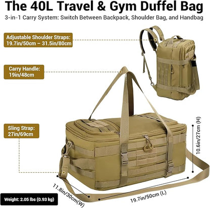 Tactical Gym Bag for Men 40L Tactical Duffel Bag Backpack Gym Bag Large With MOLLE Water Resistant 600D Degree Full Opening Powerlifting for Travel Crossfit Football