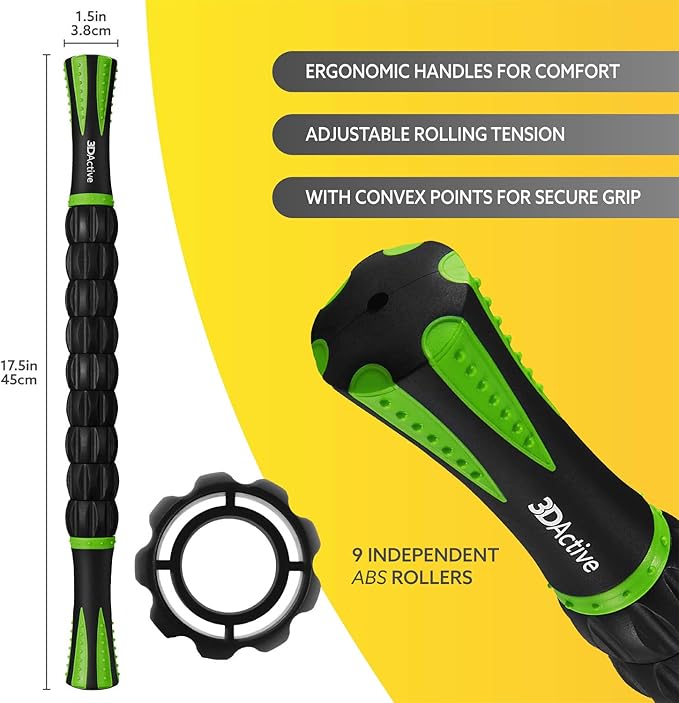 3DActive Massage Roller Stick for Muscle Recovery, Deep Tissue & Trigger Point Massage Muscleroller for Athletes for Post-Workout Recovery, Relieve Cramps & Release Muscle Tension - Green