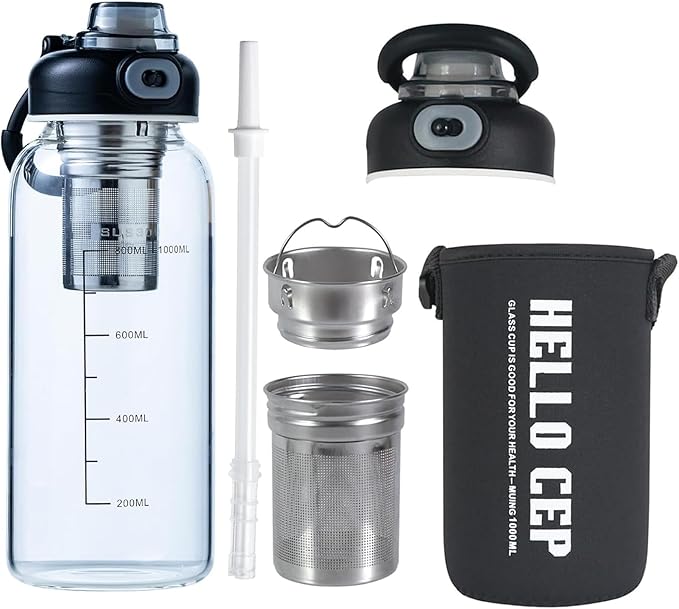 34oz Glass Water Bottle with Straw, Infuser & Protective Sleeve, BPA-Free Large Capacity drinking bottles for Hot or Cold Drinks, Perfect for Gym, Home & Office (34oz 1PCS)