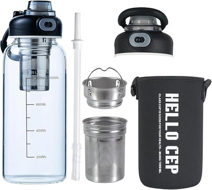 34oz Glass Water Bottle with Straw, Infuser & Protective Sleeve, BPA-Free Large Capacity drinking bottles for Hot or Cold Drinks, Perfect for Gym, Home & Office (34oz 1PCS)