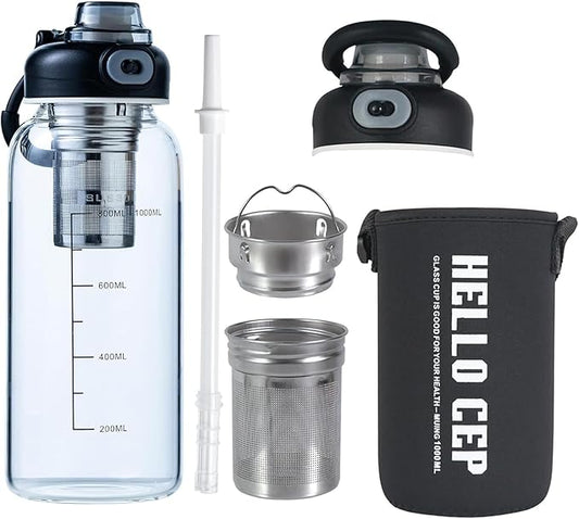 34oz Glass Water Bottle with Straw, Infuser & Protective Sleeve, BPA-Free Large Capacity drinking bottles for Hot or Cold Drinks, Perfect for Gym, Home & Office (34oz 1PCS)