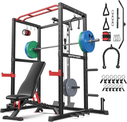 Sportsroyals Squat Rack, LAT Power Cage, Power Rack Multi-Function with Pulley System and Training Attachments for Home Gym