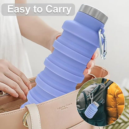 YCT Collapsible Water Bottle 17oz（500ml），Travel Portable Sport Water Bottle，Reusable Silicone Foldable Water Bottles for Gym Camping Hiking (Purple+Grey)