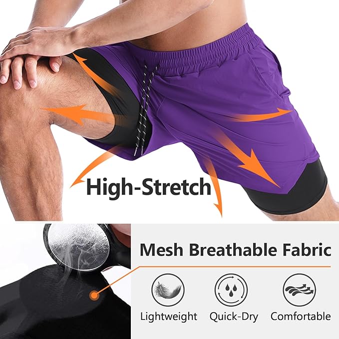 Aolesy Men's 2 in 1 Running Shorts 5" Workout Gym Athletic Shorts for Men Quick Dry Lightweight Training Shorts with Pockets