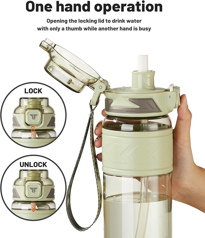 TKK Sports Water Bottles with Removable Straw 29 oz Leak-proof Flip Top Lid BPA Free Tritan Bottle with Strap for School, Fitness, Gym, Outdoor, LighGreen