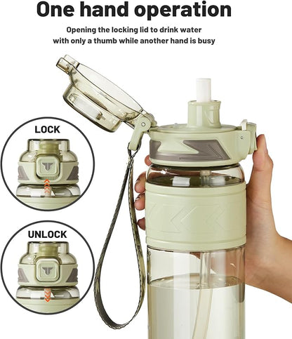 TKK Sports Water Bottles with Removable Straw 34 oz Leak-proof Flip Top Lid BPA Free Tritan Bottle with Strap for School, Fitness, Gym, Outdoor, LighGreen