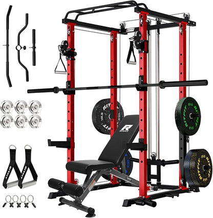 RitFit Multi-Function Garage & Home Gym Package Includes 1200LBS Power Cage PPC03/P3 with Cable Crossover System, Weight Bench, Olympic Barbell Weight Set, Full Body Workout