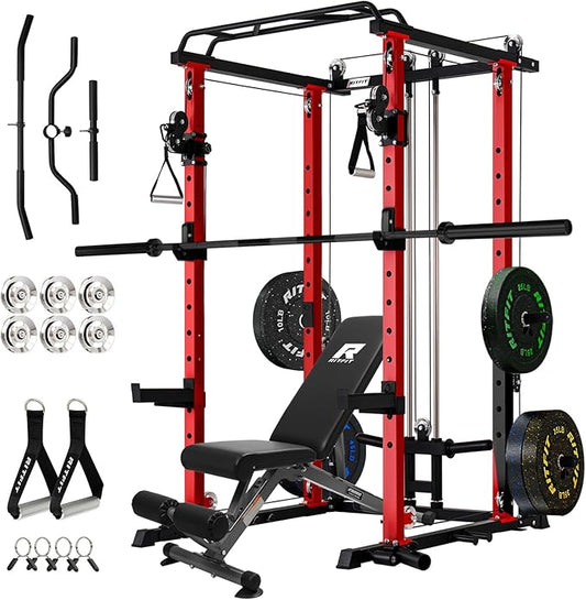 RitFit Multi-Function Garage & Home Gym Package Includes 1200LBS Power Cage PPC03/P3 with Cable Crossover System, Weight Bench, Olympic Barbell Weight Set, Full Body Workout
