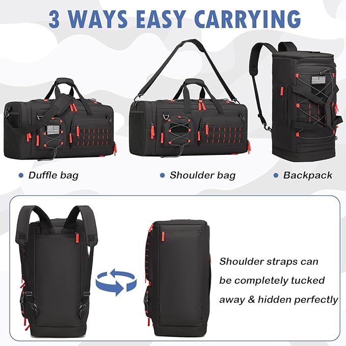 Gym Bag for Men and Women, 50L Extra Large Duffle Bag, 3-in-1 Travel Sports Duffel Bags with Shoe & Laptop Compartment for Overnight Weekender Gym Traveling Workout Deployment, Black+Red