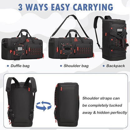 Gym Bag for Men and Women, 50L Extra Large Duffle Bag, 3-in-1 Travel Sports Duffel Bags with Shoe & Laptop Compartment for Overnight Weekender Gym Traveling Workout Deployment, Black+Red