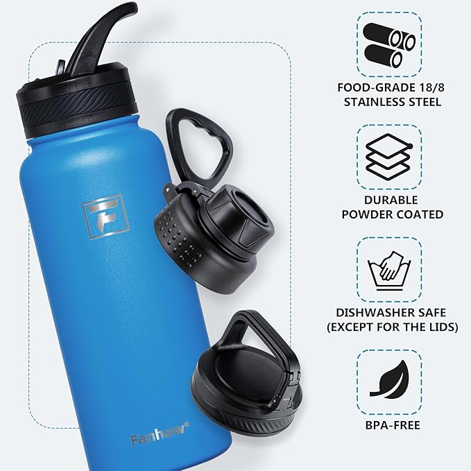 Fanhaw 32 oz Insulated Water Bottle – Portable Stainless Steel Flask with 3 Lids (Straw, Spout, Carabiner) | Leakproof, for Gym, Hiking, Work, Travel & Everyday Use (Sky Blue)