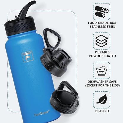 Fanhaw 32 oz Insulated Water Bottle – Portable Stainless Steel Flask with 3 Lids (Straw, Spout, Carabiner) | Leakproof, for Gym, Hiking, Work, Travel & Everyday Use (Sky Blue)