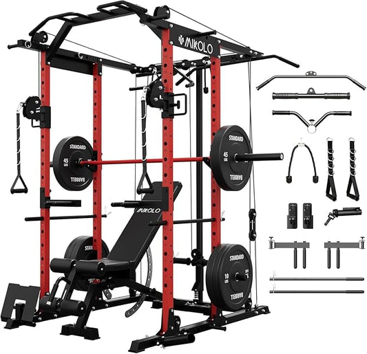 Mikolo Power Cage, Power Rack with Cable Crossover System, 1500LBS Squat Rack with LAT Pull Down System, Workout Cage with Pulley System for Fitness Home Gym