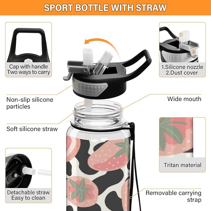Fustylead Pink Strawberries and Cow Skin 32oz BPA Free Water Bottle, Leak-proof Bottle with Carrying Strap, Clear Sports Bottle for Running Cycling Camping
