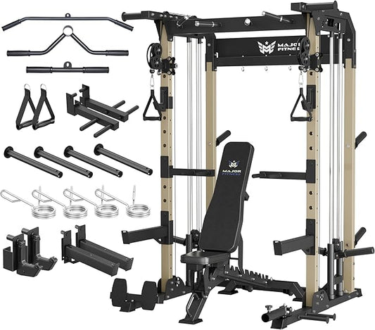 MAJOR FITNESS F22 Power Rack, 1600lbs All-in-One Squat Rack with Dual Pulley System, Heavy-Duty Steel Frame, Attachments & Storage for Home Gym Strength Training