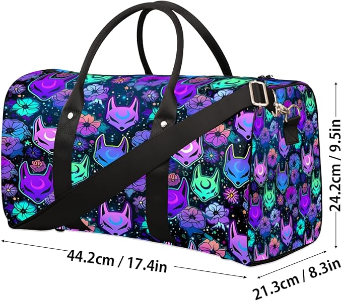 Travel Duffel Bag Flower Purple Fox Sport Tote Gym Bag Waterproof Foldable Carryon Weekend Overnight Training Handbag Sports Duffle Bags for Women Men Boys Girls